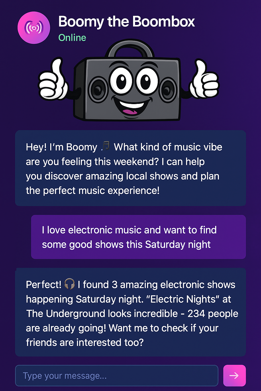 Boomy the Boombox chat interface showing conversation about finding electronic music shows