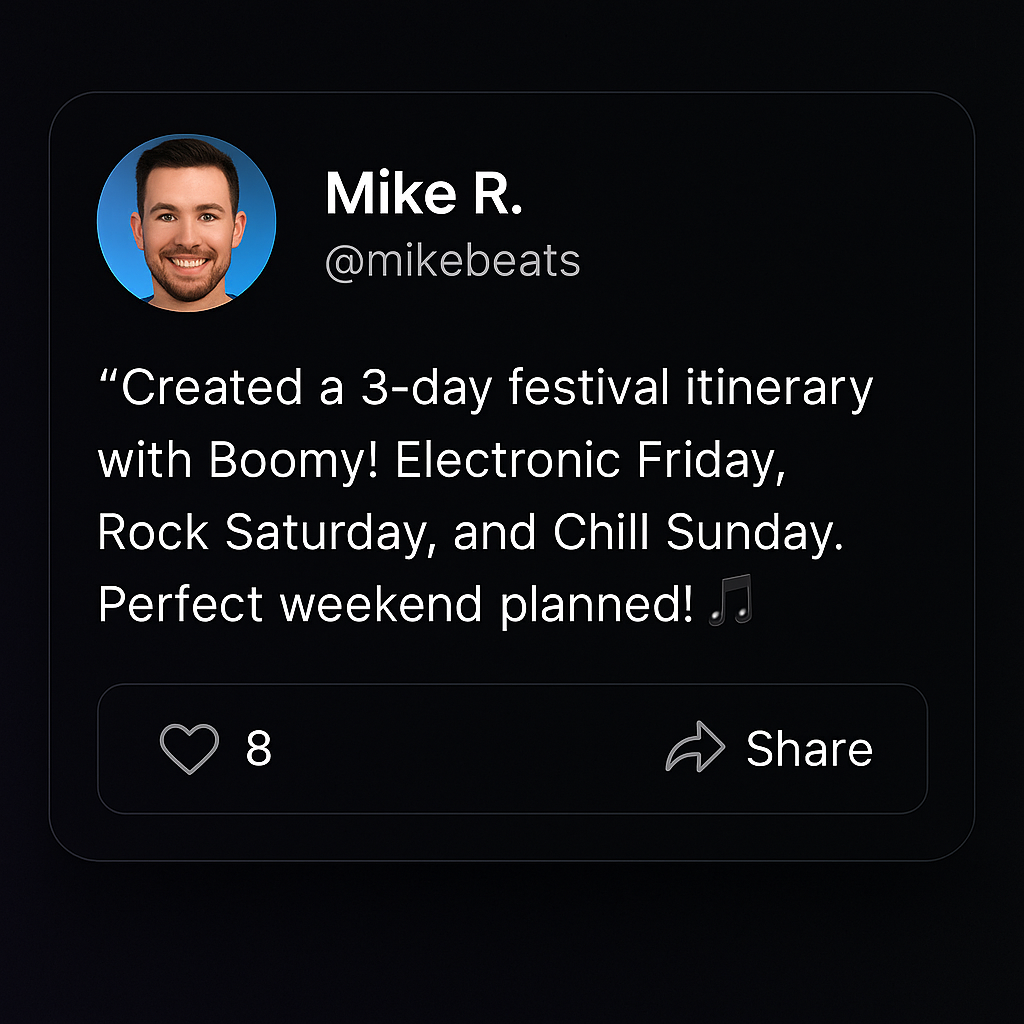 Mike R. social post about creating a 3-day festival itinerary with Boomy